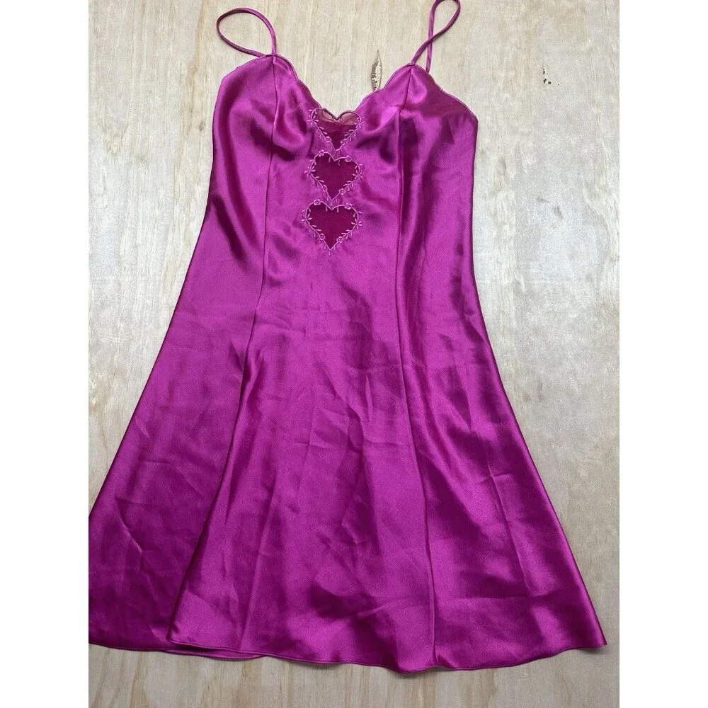 Vintage Erika Taylor Intimates Satin Slip Lingerie Mini Dress S Heart Cutout Y2K